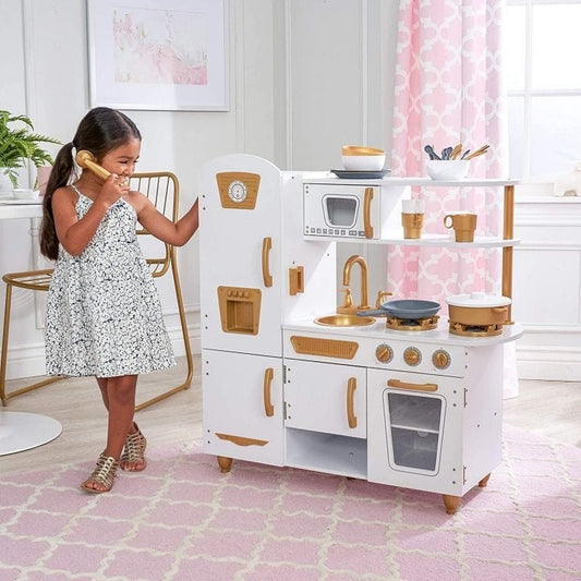 Large White and Gold Wooden Play Kitchen for Children