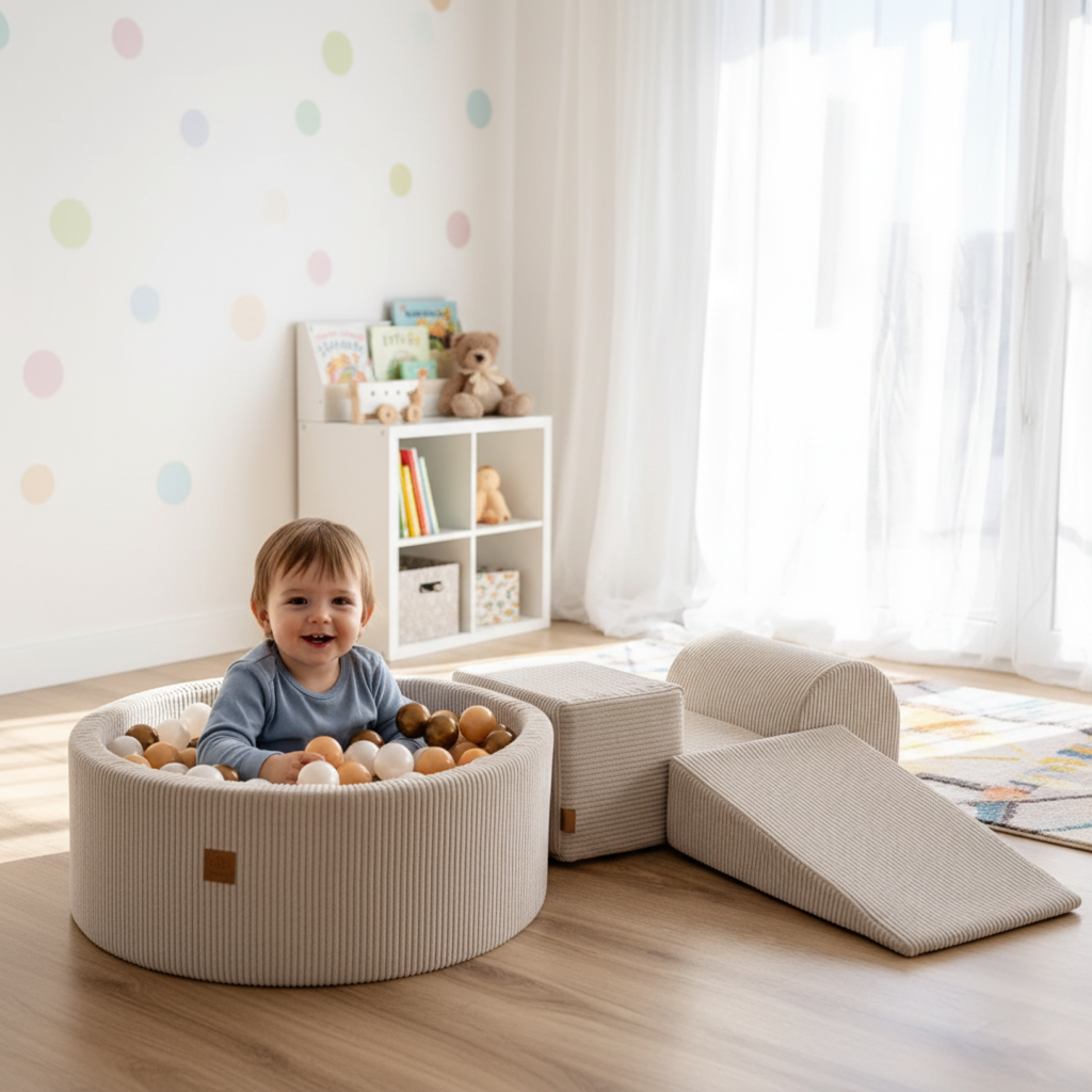 MeowBaby® Playground with Ball Pit – Ecru, Pearl White, Beige & Gold