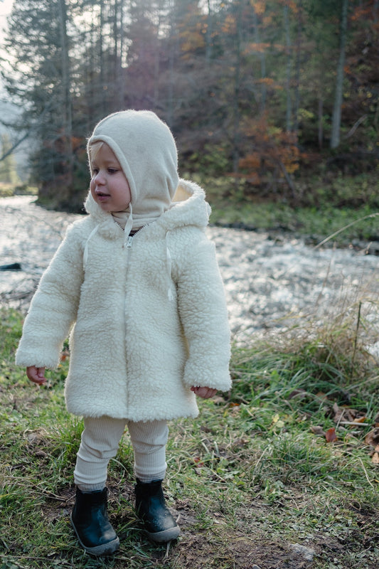 Cagoule bébé chaude en laine et coton – Blanche et respirante