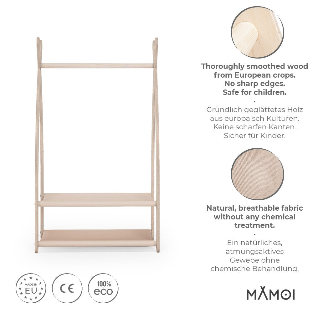 Portant à vêtements pour enfants MAMOI® – Beige 53x95x32 cm | Portant en bois naturel pour déguisements et vêtements d’enfants | Penderie bébé au design moderne | Accessoire de chambre bébé | 100 % écologique | Fabriqué en Europe