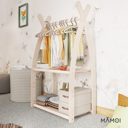 Portant à vêtements pour enfants MAMOI® – Beige 53x95x32 cm | Portant en bois naturel pour déguisements et vêtements d’enfants | Penderie bébé au design moderne | Accessoire de chambre bébé | 100 % écologique | Fabriqué en Europe