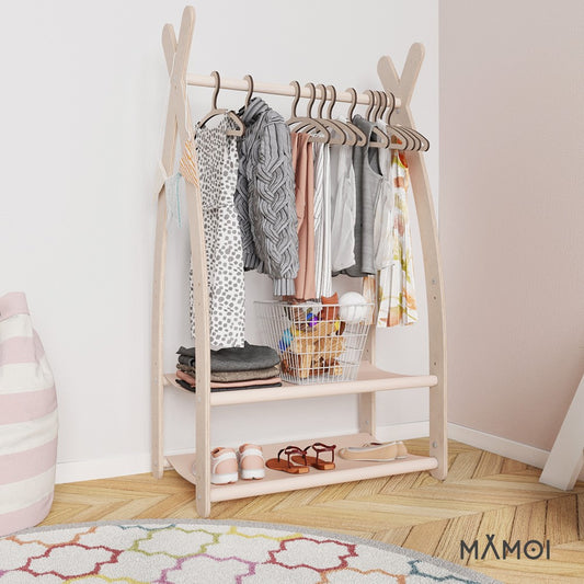 Portant à vêtements pour enfants MAMOI® – Beige 53x95x32 cm | Portant en bois naturel pour déguisements et vêtements d’enfants | Penderie bébé au design moderne | Accessoire de chambre bébé | 100 % écologique | Fabriqué en Europe