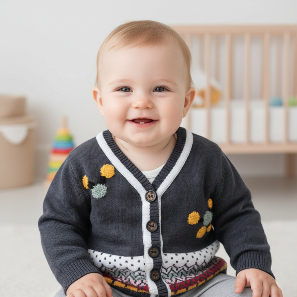 Gilet bébé gris avec broderie faite main