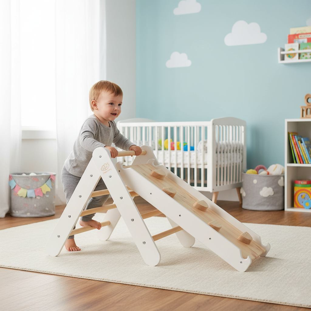 Échelle avec toboggan et mur d’escalade – Blanc