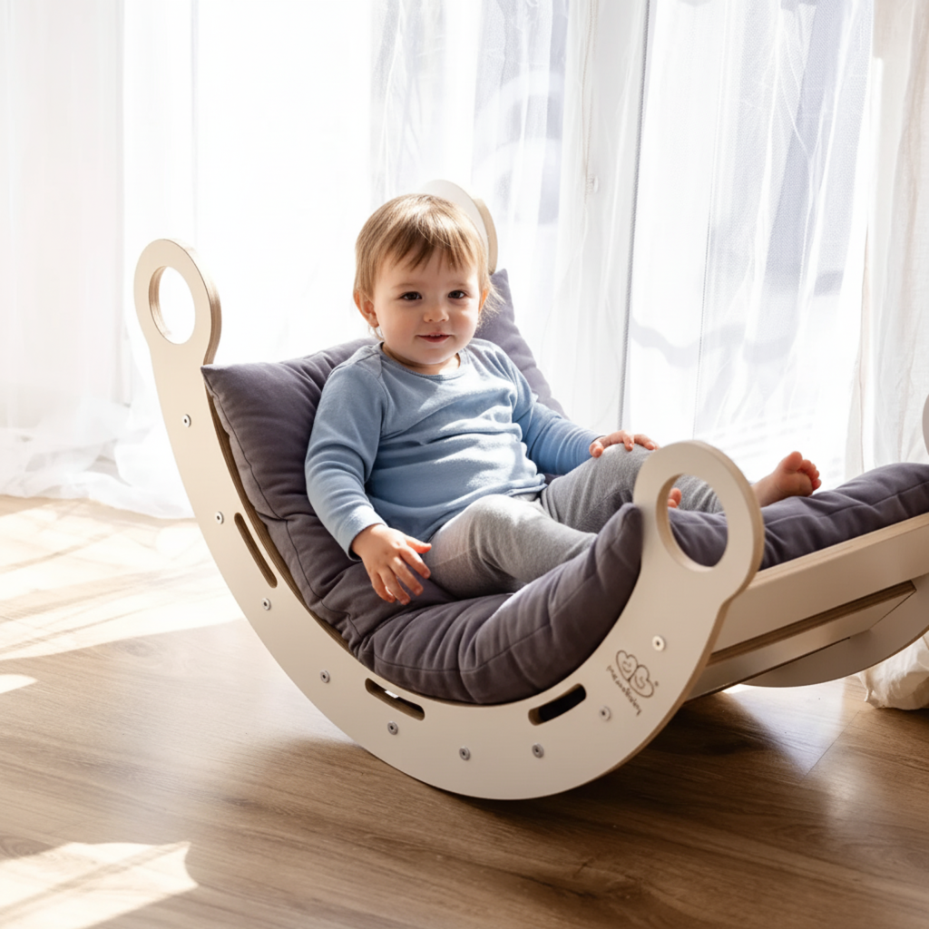Balancelle en bois blanche avec coussin et toboggan – Taille moyenne