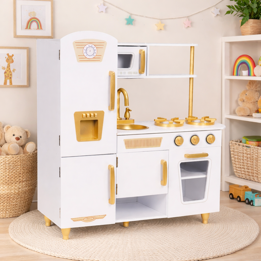 Grande cuisine de jeu en bois pour enfants, Blanc et Doré